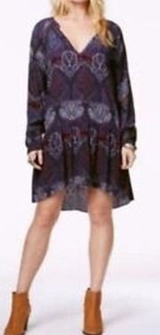 Sanctuary Tunic Dress Long Sleeve Paisley Drop Waist Ruffle Hem Purple Size S