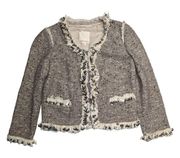 Rebecca Taylor Beige Boucle Tweed Fringe Trim Sequin Embellished Crop Blazer 0