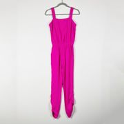 Amanda Uprichard Sateen Smocked Waist Square Neck Ruched Leg Jumpsuit Hot Pink 