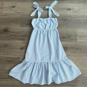 AQUA Tie Strap Puckered Midi Dress Ruffle Hem Blue & White Striped Large