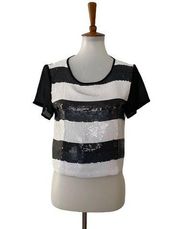 Elliatt Womens Striped Sequin Top Short Sleeve Pullover Black White S Small