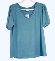 Mod Ref Women’s Contemporary V-Neck Puff Short Sleeve Blue Blouse Size Large