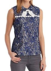 Karl Lagerfeld Paris Blue Lace Bow-Collar Blouse