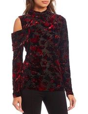 Donna Karan Black & Red Burnout Velvet Cold Shoulder Long Sleeve Top Size Large