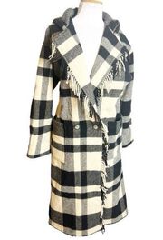 Vintage L.L. Bean buffalo Plaid Fringe Wool Blanket Coat hooded Sz M