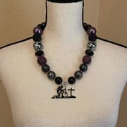 Statement Necklace - Purple / Black Bead - Military Solider Kneeling At Cross