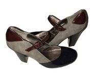 KENNETH COLE REACTION GRAY, BLACK, BROWN COLOR BLOCK BUCKLE HEELS SIZE 8