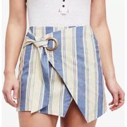 Free People  Tuscon Sunrise Stripe Wrap Mini Skirt Blue White Size 8