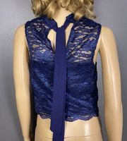 Venus Women's Size 6 Lace Blouse Overlay High Neck Tie Back Top Navy Lined Shirt