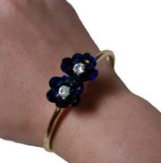 Talbots Sequined Double Purple Flower Gold Bangle Hinged Bracelet