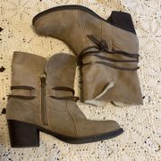 Beige Booties Side zip Strappy 7.5 heel boots suede leather Sherpa lined