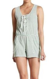 NWT Womens Max Studio Sleeveless Green/Wht Striped Lace-Up Short Romper Sz Large