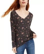 Ultra Flirt Top Juniors Womens Size L Black Ditsy Cozy Waffle-Knit Henley