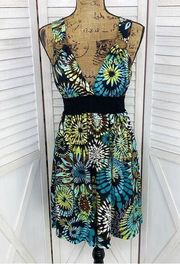 Sequin Hearts Floral Print Boho Halter Mini Dress Teal Yellow Small