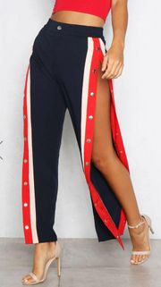 HAODUOYI Red & Navy Straight Leg Button Trousers