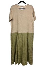 FLAX Short Sleeve Pleat Dress 100% Linen w/Pockets Long Women’s Small