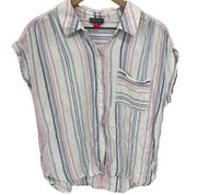 Vince Camuto Pink & Blue Stripes Linen Button Down Shirt Size Medium