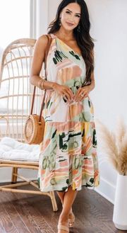 Boutique Sage Green Multicolor One Shoulder Midi Dress