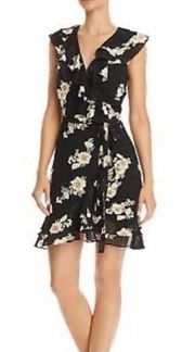 Bardot Floral Print Ruffled Faux-Wrap Black and Ivory Cap Sleeve Dress Size 6