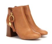 See By Chloe Women's Louise High Block Heel Leather Brown Booties Sz 36 NEW