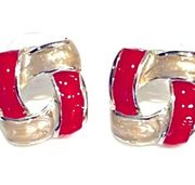 VTG Kenneth Cole ENAMELED SILVER EARRINGS Red White Square Knot KC Signed 5/8”