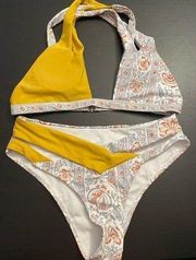 SheIn  Cross Split Strap Two Piece Bikini Yellow Floral Colorblock Women’s Size M