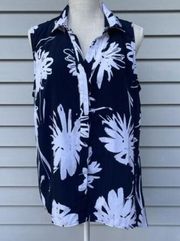 Avenue‎ sleeveless blouse Blue White floral asymmetrical Size 18/20 Buttons