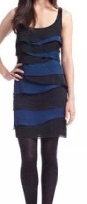 Shoshanna Georgette Tiered Silk Dress Blue Black Sleeveless Size 6 Women's