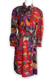 Vintage Leslie Fay Dress Colorful Red Abstract Art Print Long Sleeve Bow Detail