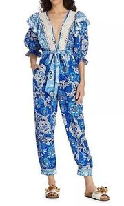 FARM Rio Full of Flowers Jumpsuit in Blue Medium Womens Linen Set