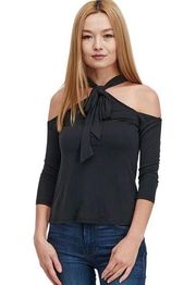 Avec les Filles Bow-Front Cold Shoulder 3/4 Sleeve Jersey Top Black Sz Small NWT