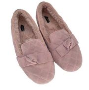 Talbots Womens Quilted Suede Faux Fur Lined Fireside Bow Slippers Pink Sz 9 NWOT