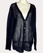 J Jill Mohair Wool Blend Cardigan Sweater V Neck Button Sheer Black M bv