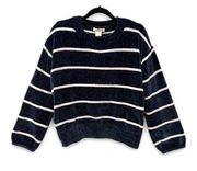 Luv Lane Striped Chenille Knit Sweater Dark Blue White Crewneck S