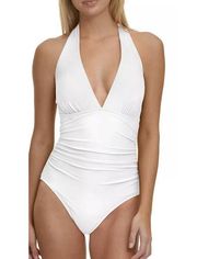 TOMMY HILFIGER Solid White V-Neck Halter One-Piece Swimsuit 4 NEW