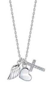 Unwritten Three Pendant Wing, Cubic Zirconia Cross, and Heart Necklace in Silver