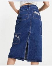 Obey Juniper Midi Denim Stonewash Indigo High Rise Pockets Jean Skirt Size 28