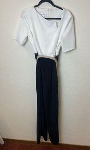 Donna Morgan Ponte Stretch Knit Black White Colorblock Belted Jumpsuit size 8