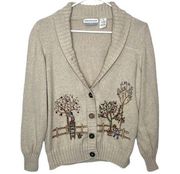 Alfred Dunner Grandmacore Embroidered Fall Apple Tree Beige Cardigan Sweater