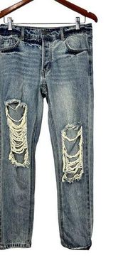 AFRM Revolve Boyfriend Destroyed High Rise Button Fly Blue Ripped Jeans Size 25