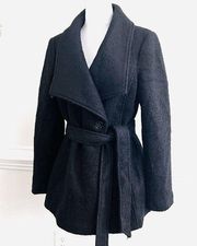 Calvin Klein Premium Black Textured Wool Blend Belted Jacket Dress Coat ~Size 12
