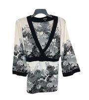 Black & White Floral Peplum Tie Kimono/Tunic Top Women XL