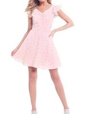 Gianni Bini GB  Ruffle Flutter Sleeve Tie Polka Dot Mini Dress Pink White Medium