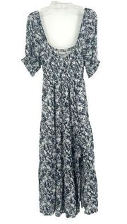 Abercrombie & Fitch Smocked Midi Dress Floral Fruit Gray White Puff Sleeves XS