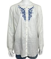 Eddie Bauer White Blue Embroidered Button Up Shirt Size XL