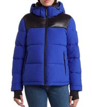 BCBGeneration Womens L Colorblock Hooded Puffer Jacket in Cobalt with Black NEW