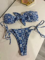 Strapless Tie Bikini-Blue And White