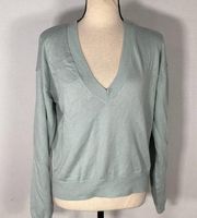 Open Edit Blue V-Neck Ribbed Knit Sweater Women's Size XS NWOT