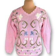 Vintage Contrasts Sweater Pastel Pink Embroidered Floral Detail Scalloped Vneck