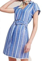 Pilcro and the letterpress dress womens size 0 blue stripe linen cotton belted c